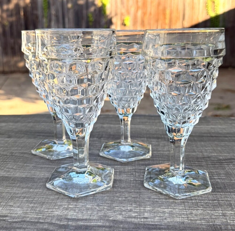Fostoria American #2056 Clear Water Goblets Hex Foot 6 7/8" Set of 4 Vintage